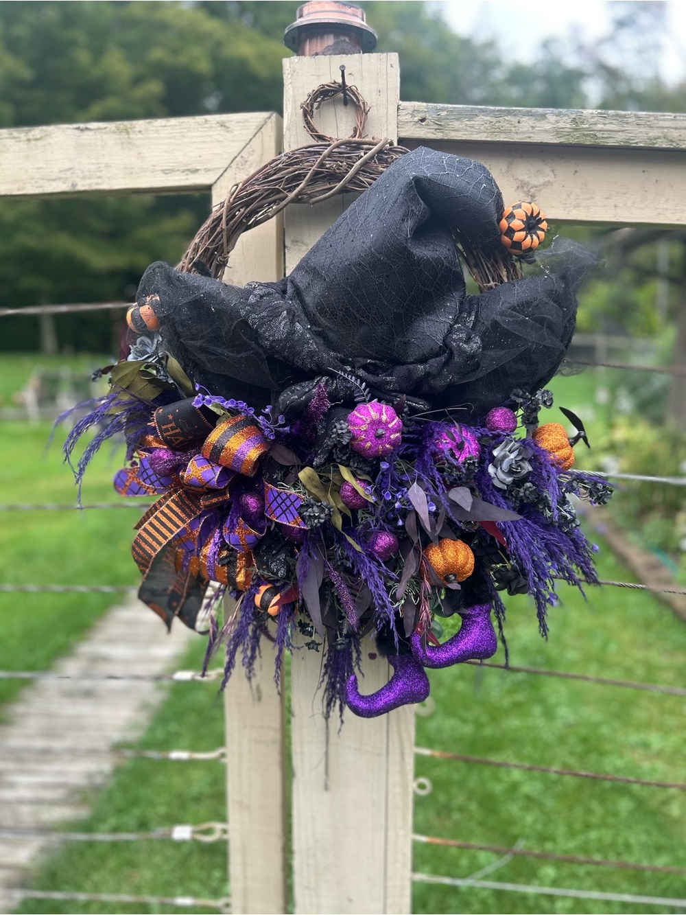 Halloween Witch Hat Wreath - Black, Purple & Orange